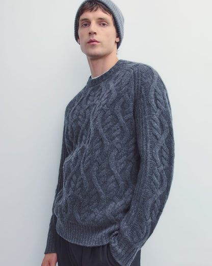 Cable Knit Crew in Luxe Merino | Heather Midnight Navy