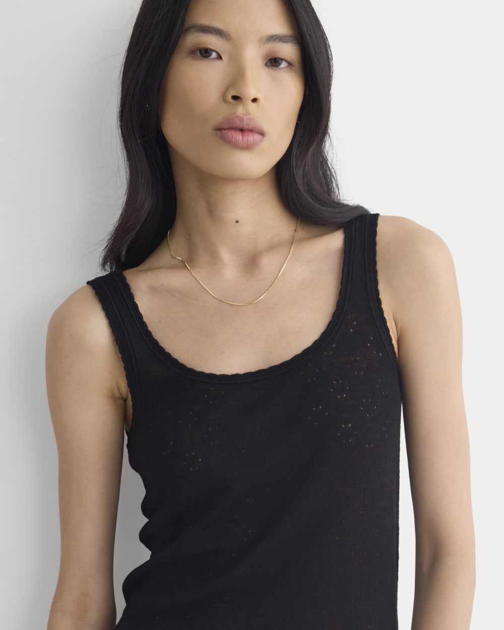 Lace-Trimmed Tank in Fine Linen | Black