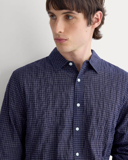 Textured Voile Button-Up Shirt | Navy Plaid