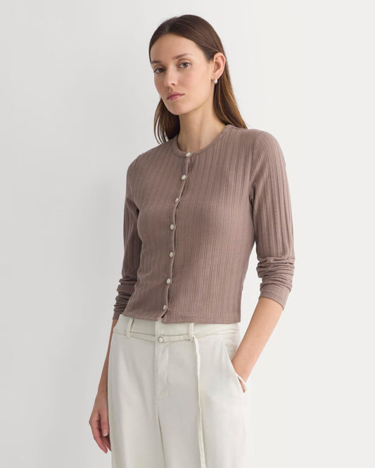 Cardigan in Pointelle | Heathered Chocolate Chip