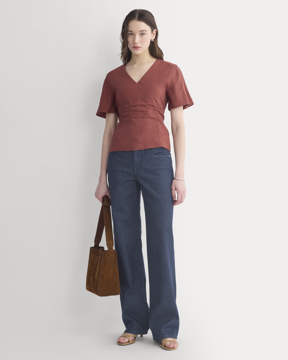 Cinched Top in Stretch Linen | Henna Red