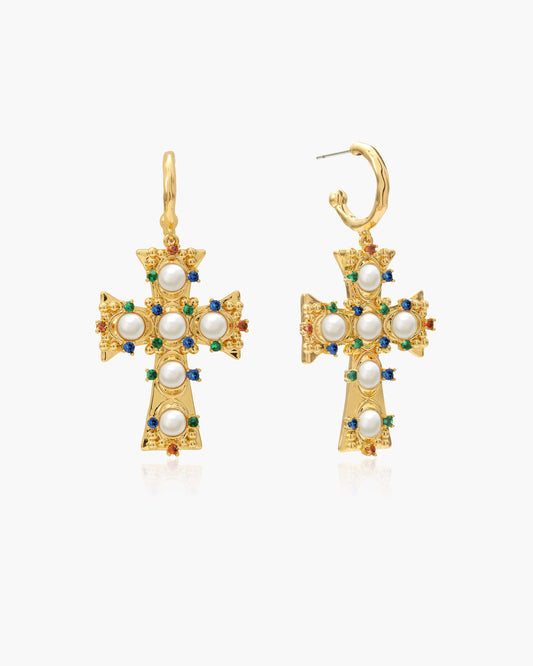 Lover of Helius Pearl Cross Earrings