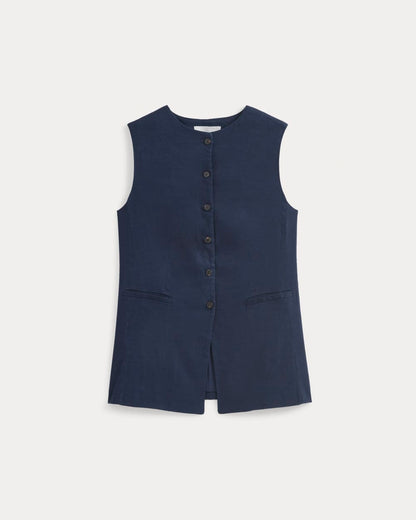 Long Vest in Stretch Linen | Navy