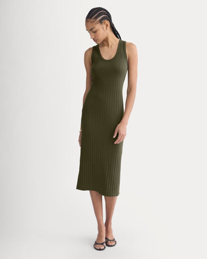 Scoop-Neck Midi Dress in Pointelle Knit | Olive Night