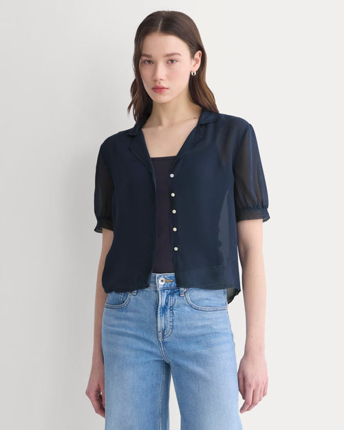 Notch Collar Shirt in Silk Georgette | Navy