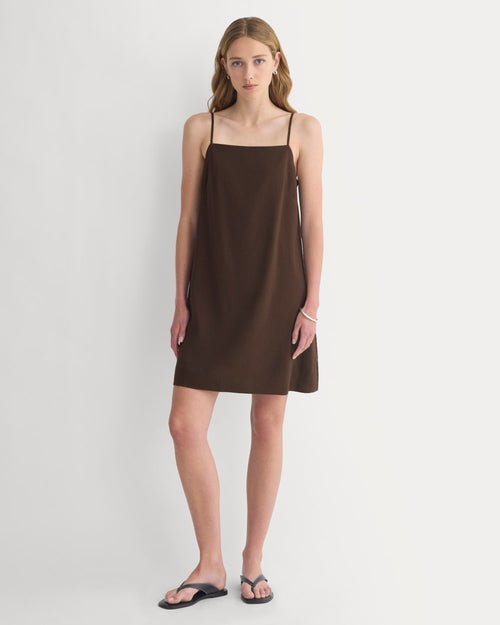 Mini Shift Dress in Stretch Linen | Dark Brown