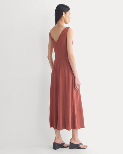 Deep V Seamed Dress in Stretch Linen | Henna Red