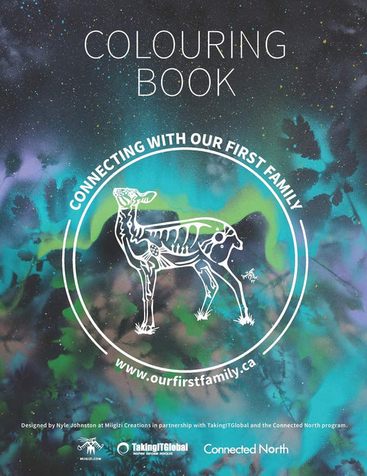 Nyle Miigizi Johnston colouring book with a deer illustration on the cover.