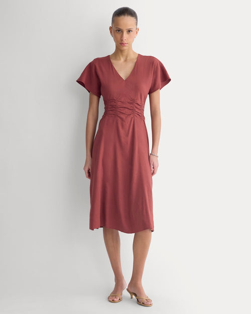 Cinched Dress in Stretch Linen | Henna Red
