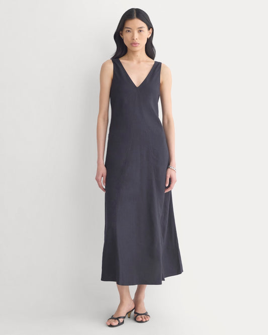 Deep V Seamed Dress in Stretch Linen | Black