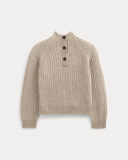 Funnel-Neck Ribbed Henley Sweater | Heathered Almond / Bone Vertical Stripe