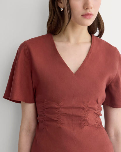 Cinched Top in Stretch Linen | Henna Red