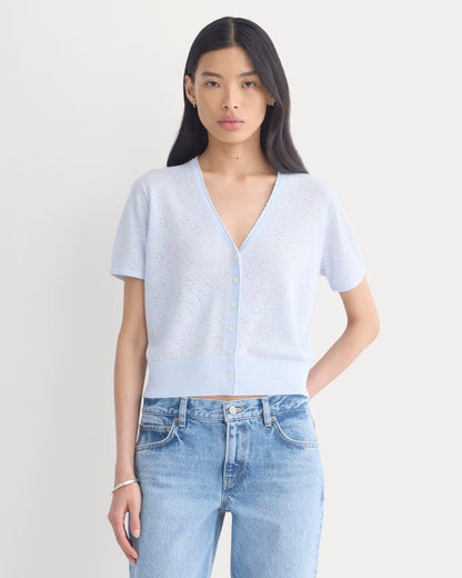 Lace Trim Cardigan in Fine Linen | Skywriting