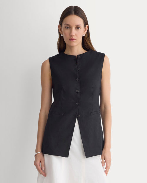 Long Vest in Stretch Linen | Black