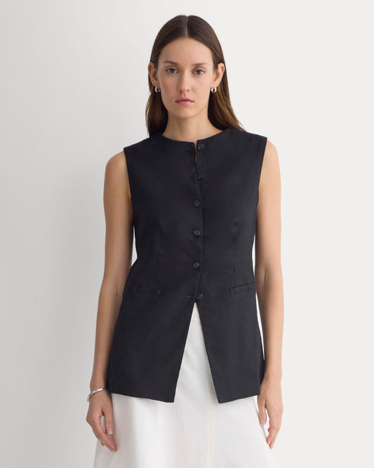 Long Vest in Stretch Linen | Black