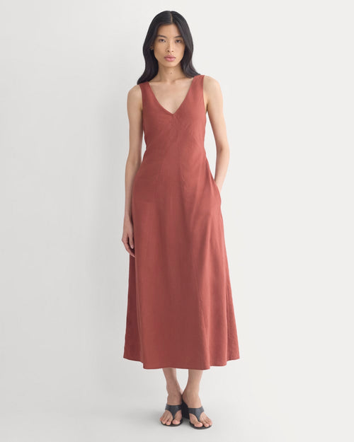 Deep V Seamed Dress in Stretch Linen | Henna Red