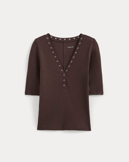 Luxe Rib V-Neck Henley | Coffee Bean