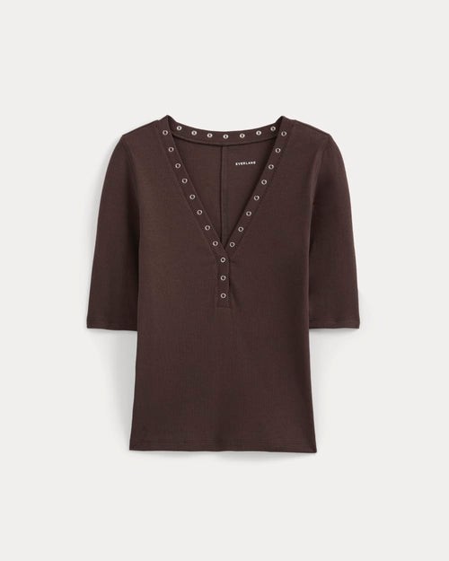 Luxe Rib V-Neck Henley | Coffee Bean