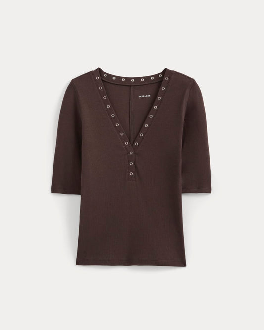 Luxe Rib V-Neck Henley | Coffee Bean