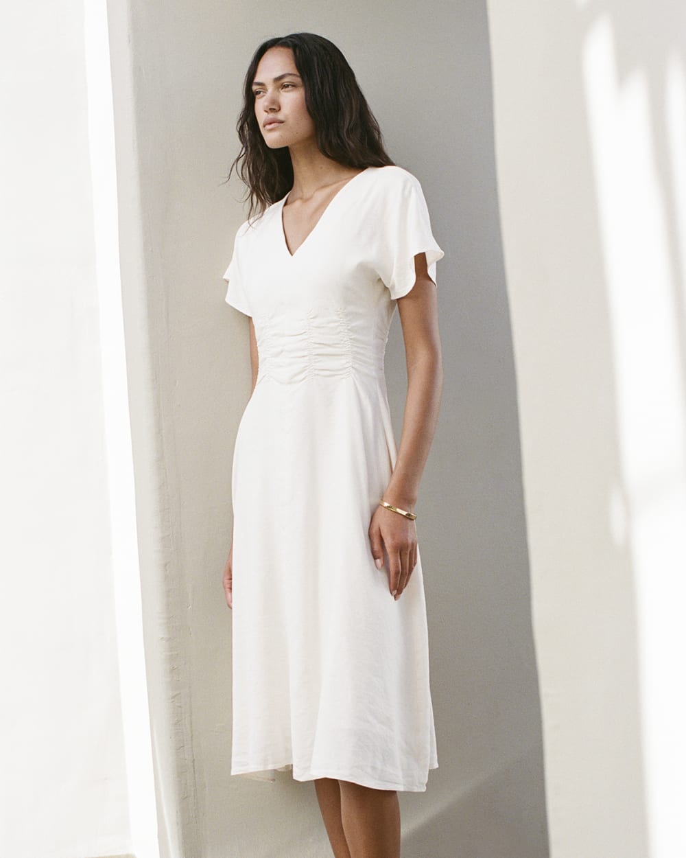 Cinched Dress in Stretch Linen | Bone