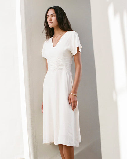 Cinched Dress in Stretch Linen | Bone