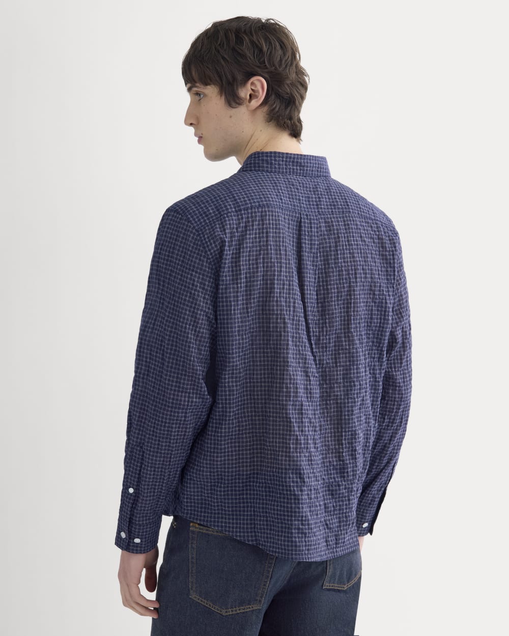 Textured Voile Button-Up Shirt | Navy Plaid