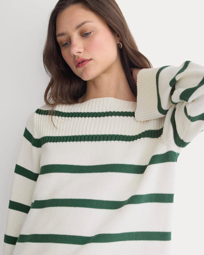 Striped Boatneck Sweater in Everyday Cotton | Hunter Green/Bone