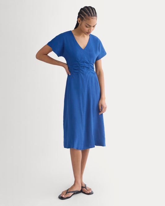 Cinched Dress in Stretch Linen | Estate Blue