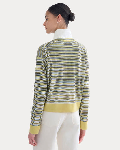 Crew Cardigan in Ultrasoft Merino | Double Cream Multi Stripe