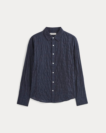 Textured Voile Button-Up Shirt | Navy Plaid
