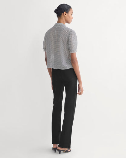 Notch Collar Shirt in Silk Georgette | Gardenia/Black Micro Dot