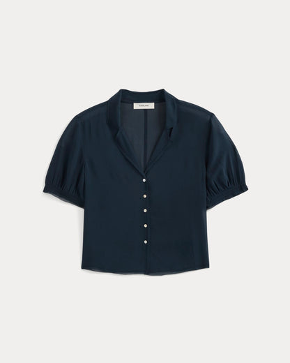 Notch Collar Shirt in Silk Georgette | Navy