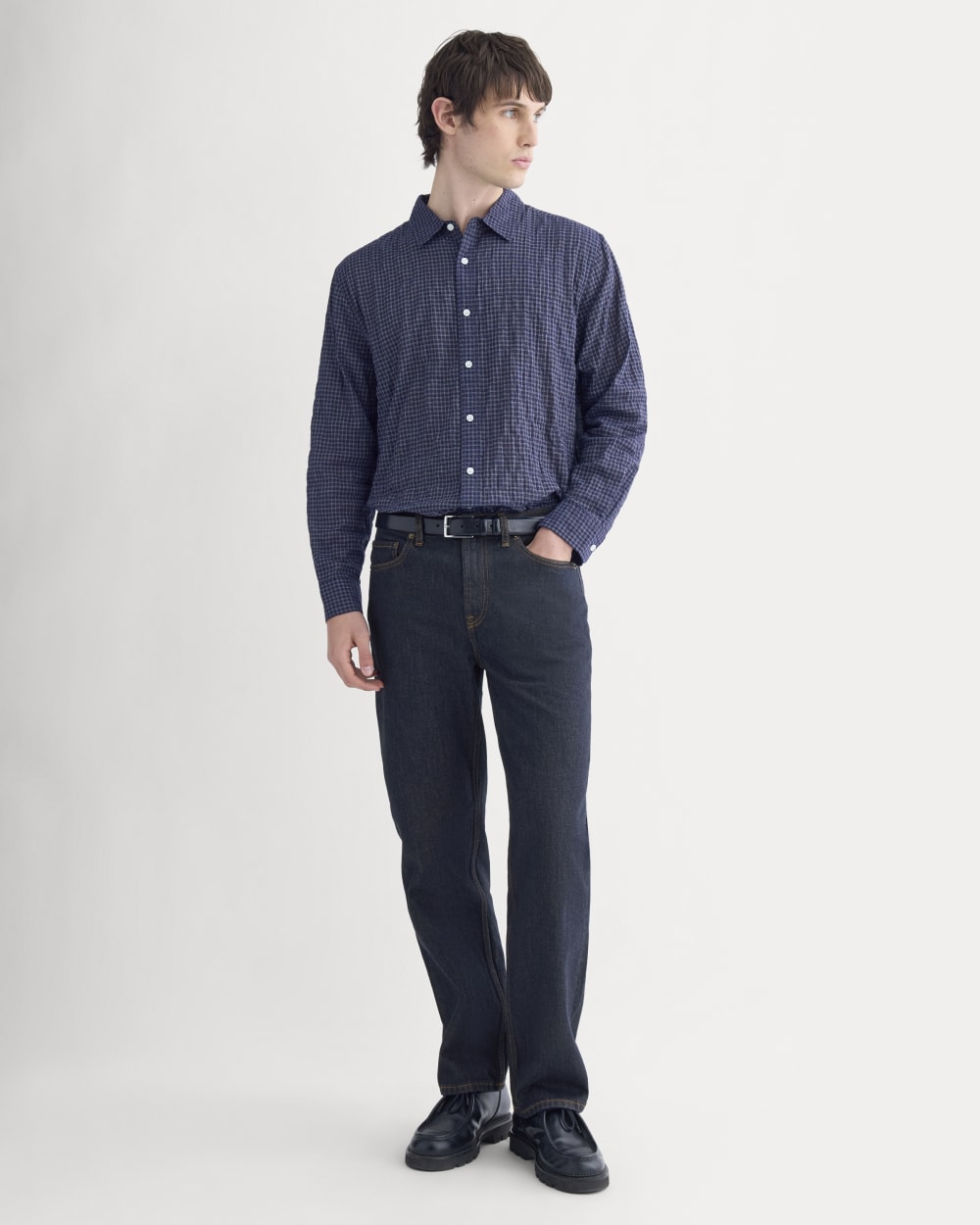 Textured Voile Button-Up Shirt | Navy Plaid