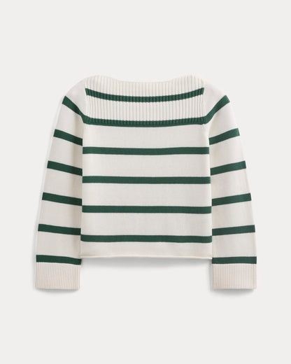 Striped Boatneck Sweater in Everyday Cotton | Hunter Green/Bone