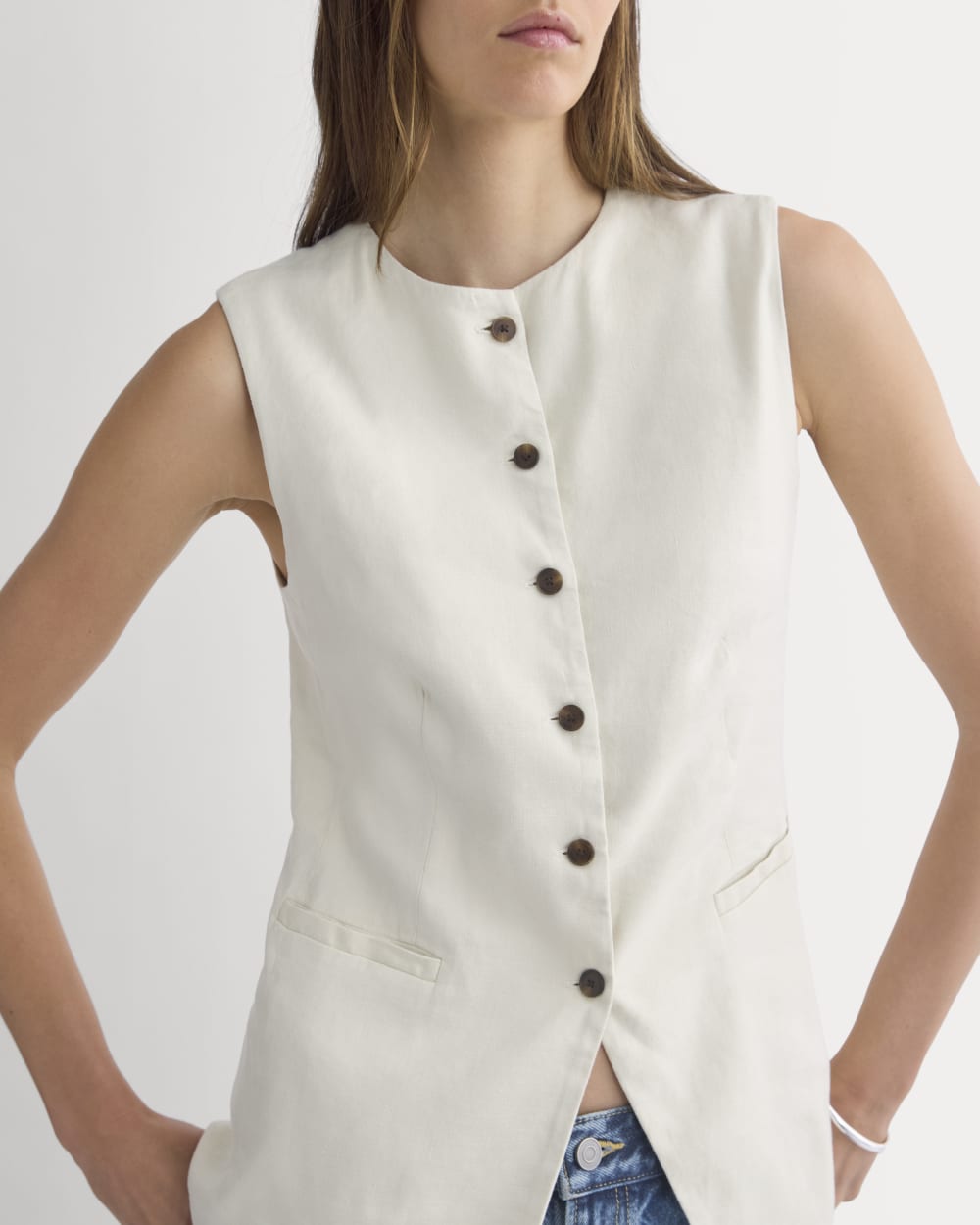 Long Vest in Stretch Linen | Birch