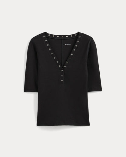Luxe Rib V-Neck Henley | Black