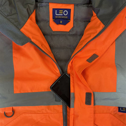 Leo Workwear Chivenor Orange EcoViz 4K Baffle Lined Waterproof Hi Vis Bomber Jacket