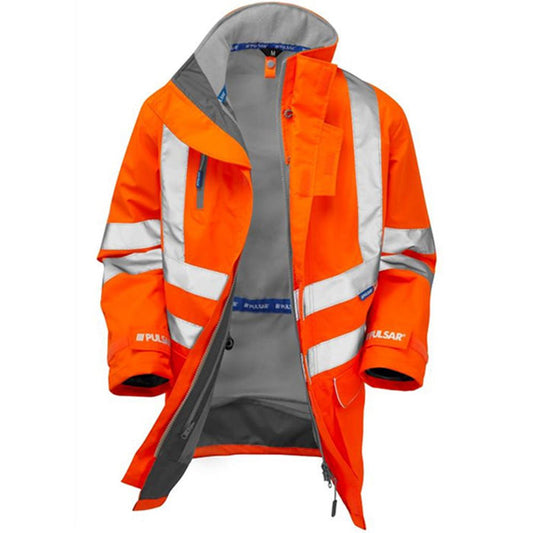 Pulsar PR499-R Rail Orange GRS Recycled Mesh Lined Waterproof Hi Vis Storm Jacket