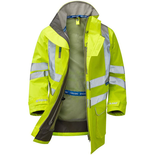 Pulsar Protect P421-R Yellow GRS Recycled Mesh Lined Waterproof Hi Vis Storm Jacket